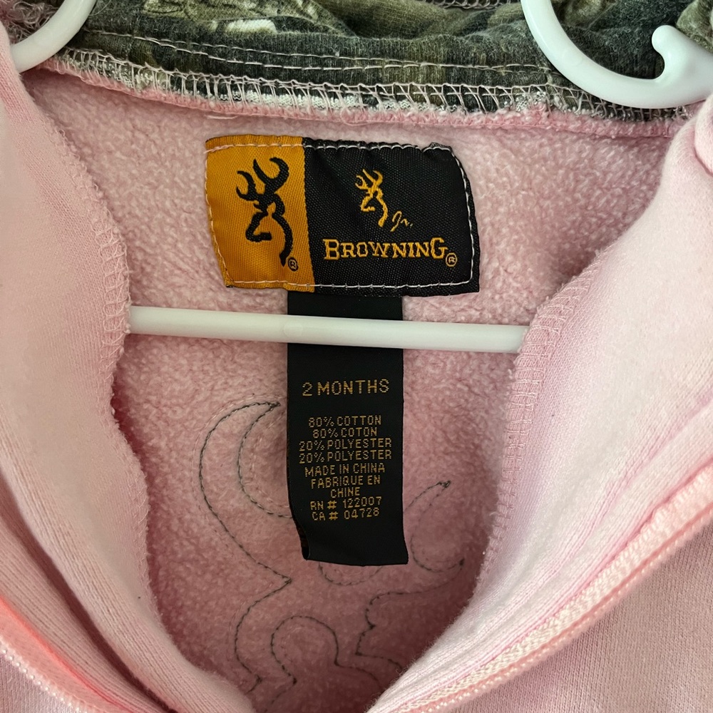 Brownings Light Pink Hoodie. 2 Month Baby Girl.